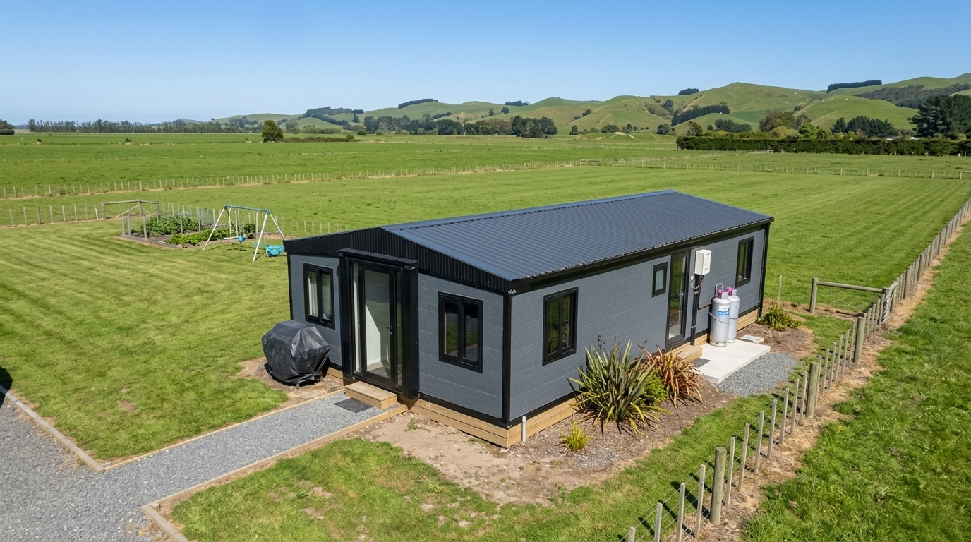 Aerial view of a finished Expander unit set in a rural New Zealand paddock