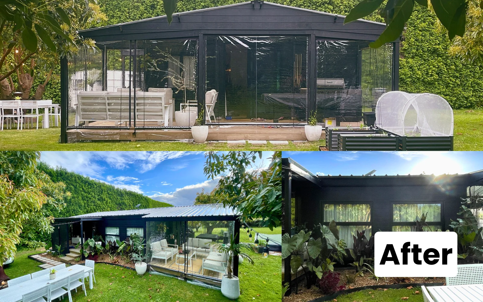 After: black Expander® with clear enclosed sun-room, deck and lush garden landscaping
