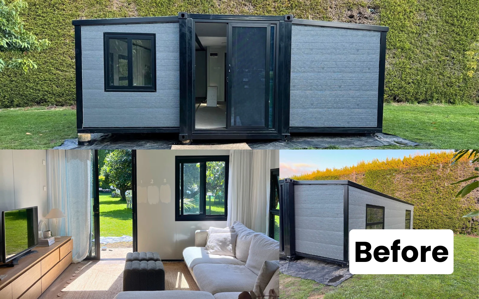 Before shots of a 20ft Expander® unit showing the exterior shell, bright interior living space and garden setting before the custom DIY fit-out