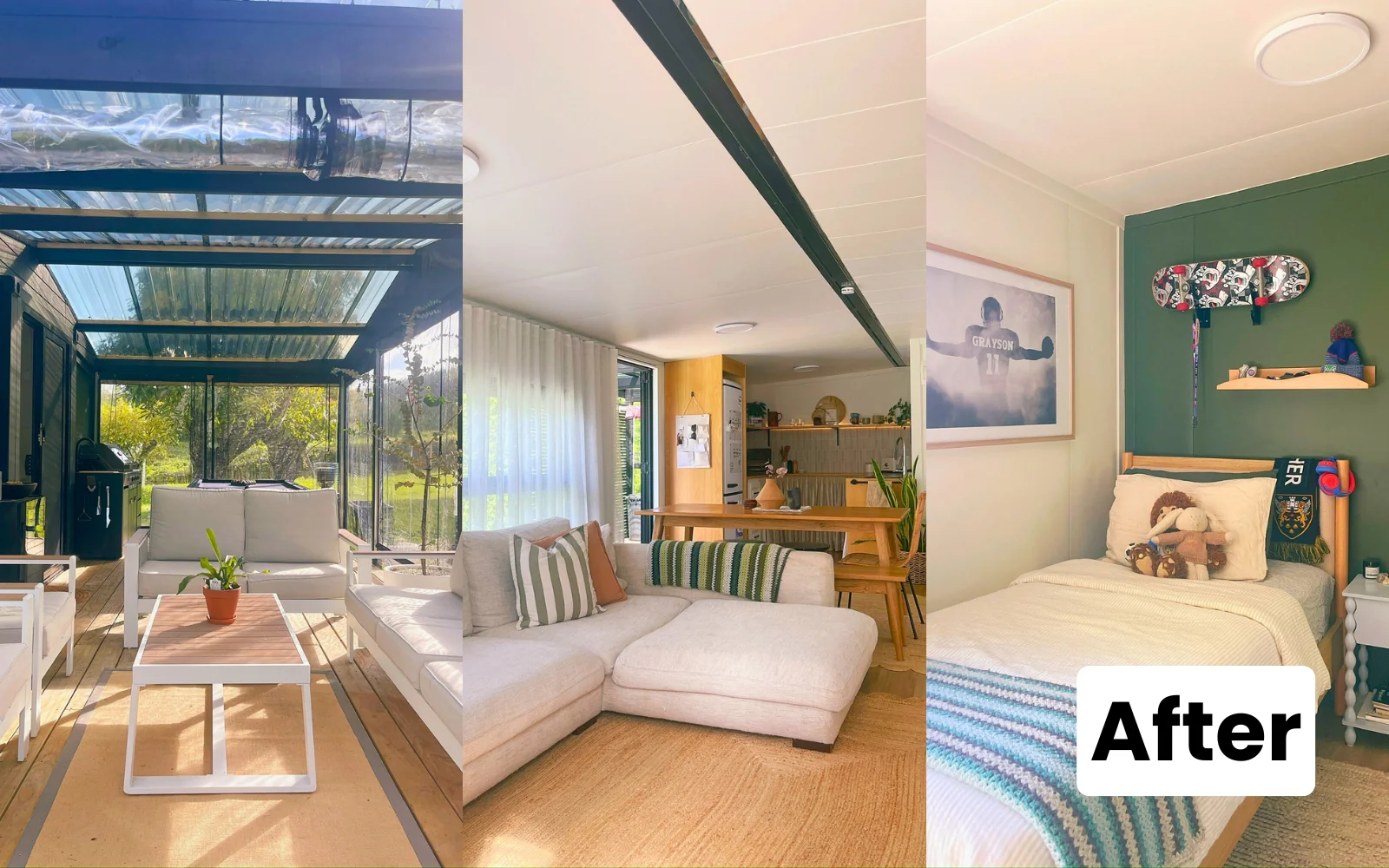After: interior views of the finished Expander® — sun-room lounge, open-plan living/kitchen and a styled bedroom