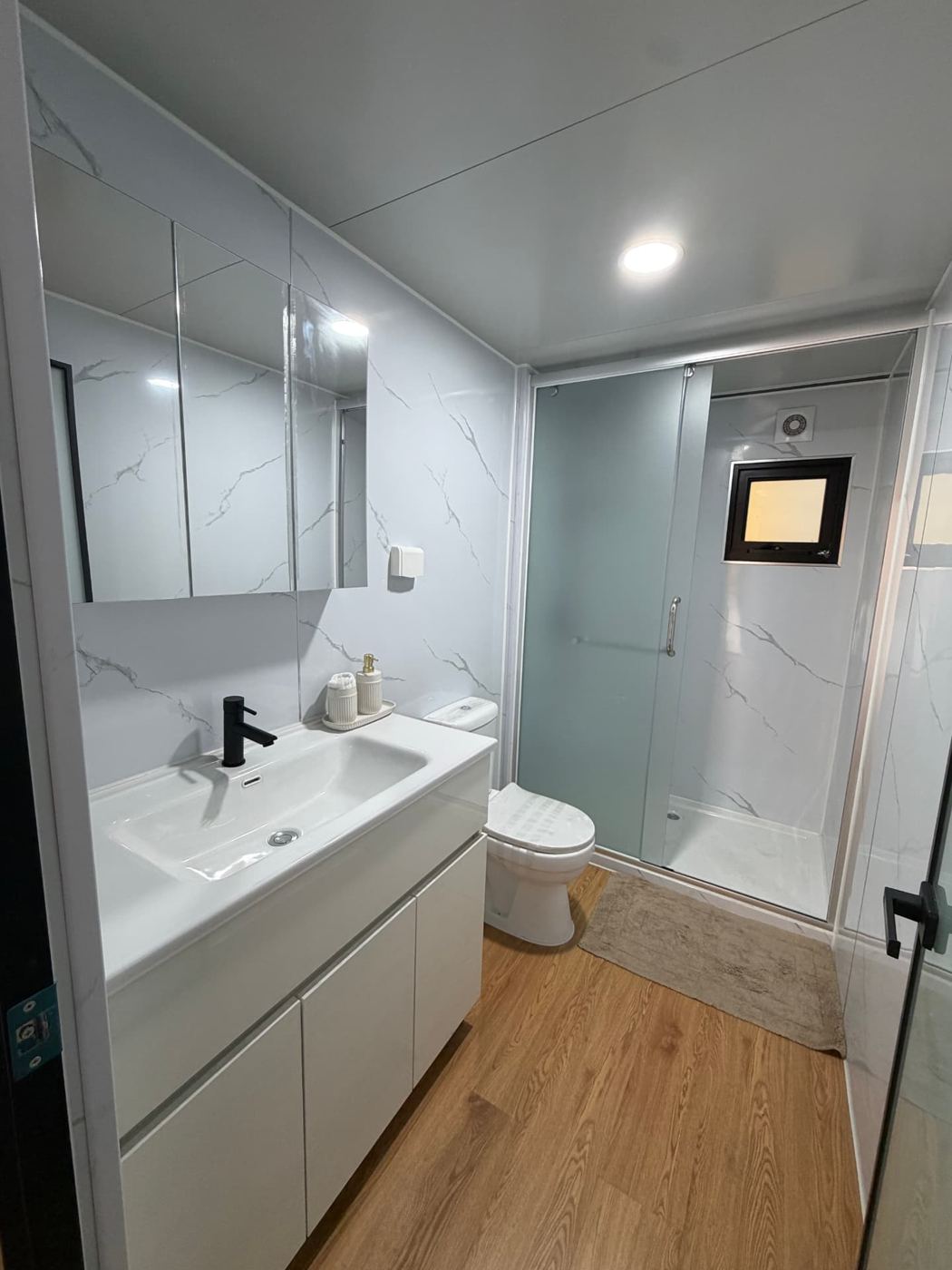 Bathroom with marble-look walls, vanity, mirrored cabinet, toilet and glass shower