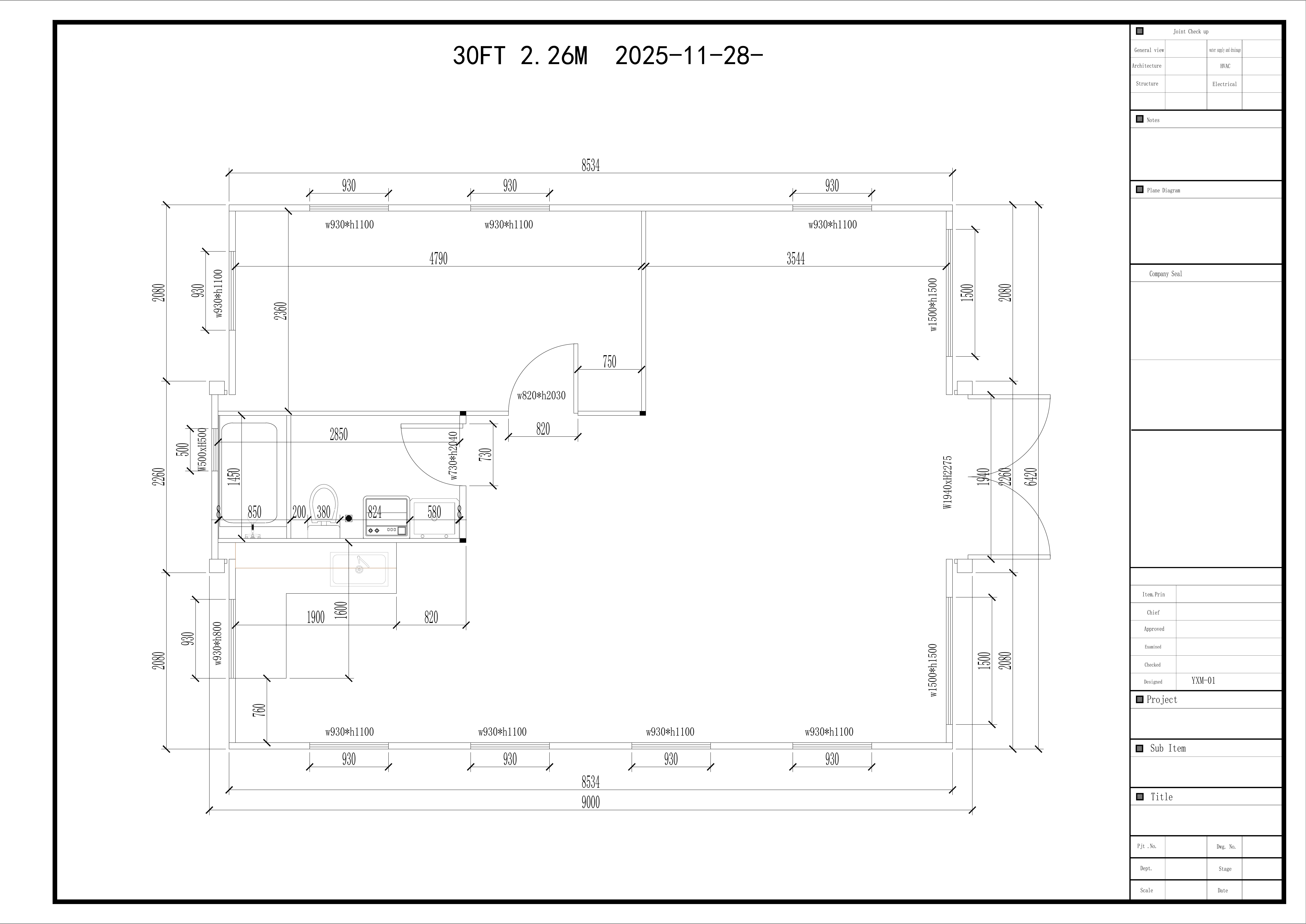 30ft Expander Luxe – 1 Bed technical floor plan with dimensions